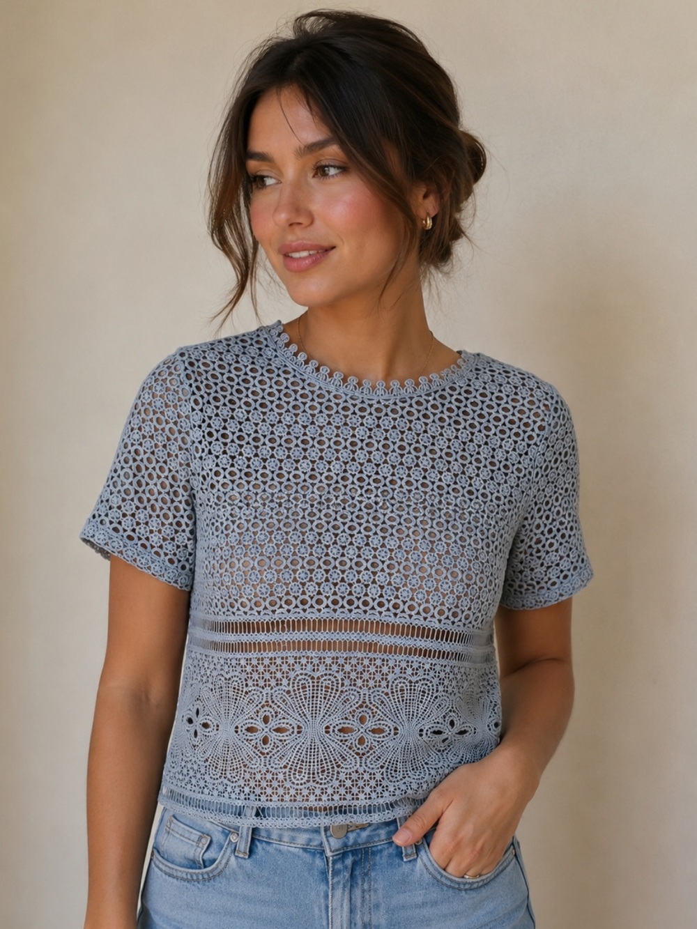 English Factory top shirt women’s blue size small crochet floral cutout milkmaid